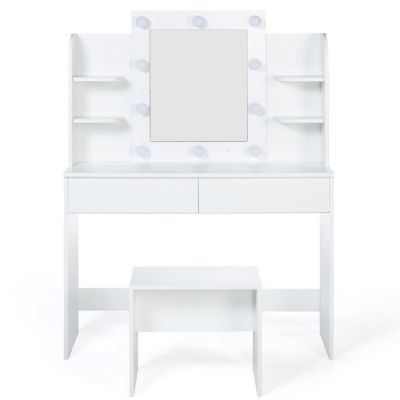 Coiffeuse ZELIA blanche table de maquillage 4 étagères, miroir LED et tabouret
