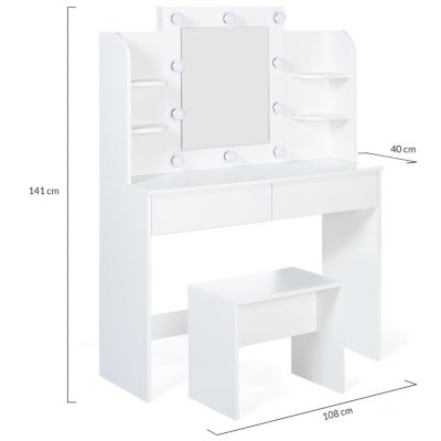 Coiffeuse ZELIA blanche table de maquillage 4 étagères, miroir LED et tabouret