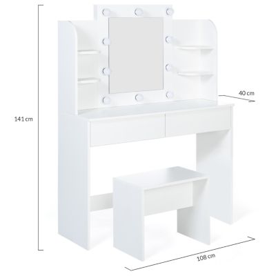 Coiffeuse ZELIA blanche table de maquillage 4 étagères, miroir LED et tabouret