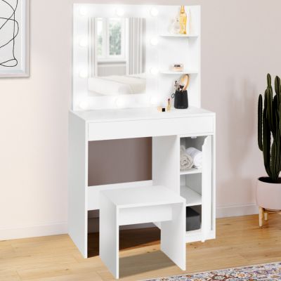 Coiffeuse ZELIA miroir LED avec 1 tiroir, étagères, caisson de rangement et tabouret