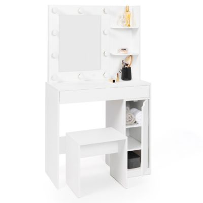 Coiffeuse ZELIA miroir LED avec 1 tiroir, étagères, caisson de rangement et tabouret