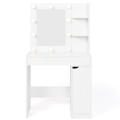 Coiffeuse ZELIA miroir LED avec 1 tiroir, étagères, caisson de rangement et tabouret