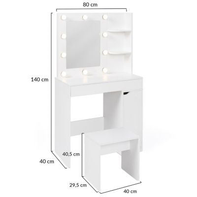 Coiffeuse ZELIA miroir LED avec 1 tiroir, étagères, caisson de rangement et tabouret