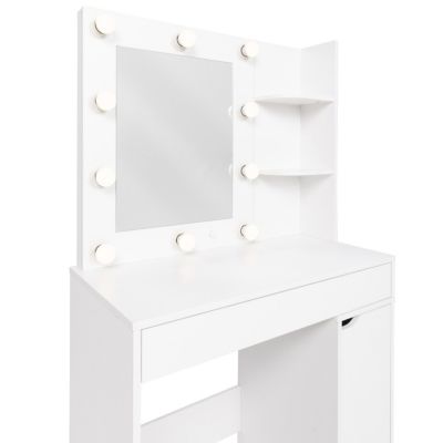 Coiffeuse ZELIA miroir LED avec 1 tiroir, étagères, caisson de rangement et tabouret