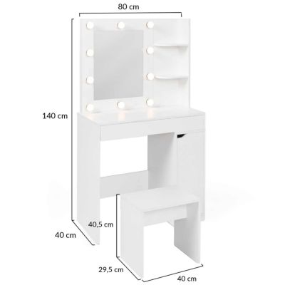 Coiffeuse ZELIA miroir LED avec 1 tiroir, étagères, caisson de rangement et tabouret