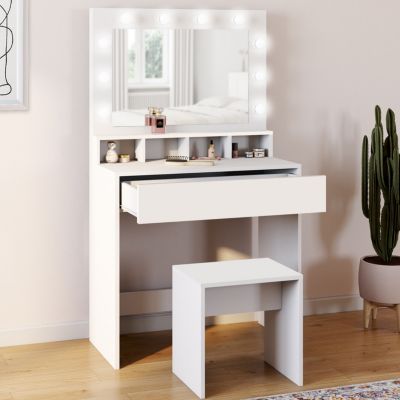 Coiffeuse ZELIA miroir LED avec 4 niches, 1 tiroir et tabouret