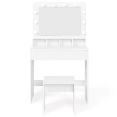 Coiffeuse ZELIA miroir LED avec 4 niches, 1 tiroir et tabouret