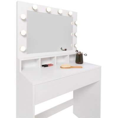 Coiffeuse ZELIA miroir LED avec 4 niches, 1 tiroir et tabouret