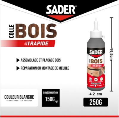 Colle à bois à prise rapide Sader transparente après séchage biberon de 250 g