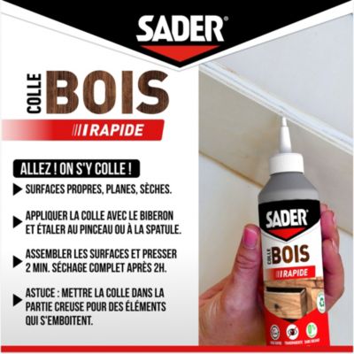 Colle à bois à prise rapide Sader transparente après séchage biberon de 250 g