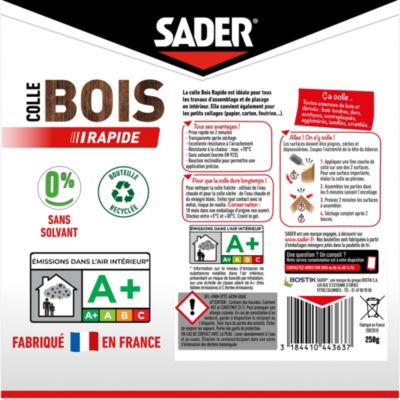 Colle à bois à prise rapide Sader transparente après séchage biberon de 250 g