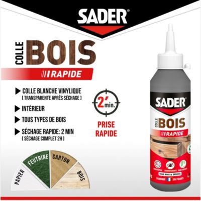 Colle à bois à prise rapide Sader transparente après séchage biberon de 250 g