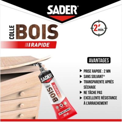 Colle à bois à prise rapide Sader transparente après séchage tube de 125 ml