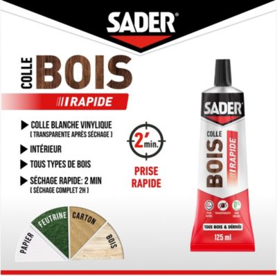 Colle à bois à prise rapide Sader transparente après séchage tube de 125 ml