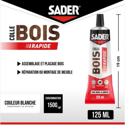 Colle à bois à prise rapide Sader transparente après séchage tube de 125 ml