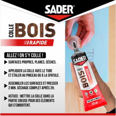 Colle à bois à prise rapide Sader transparente après séchage tube de 125 ml
