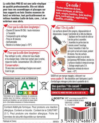 Colle Bois Sader PRO D3 - Bois Humide Translucide 250 g