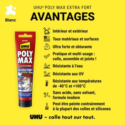 Colle mastic extra forte express UHU Poly Max blanc tube 165g