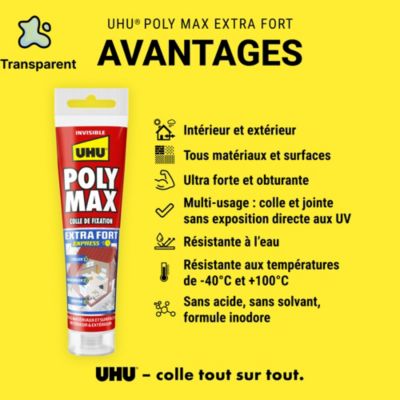 Colle mastic extra forte express UHU Poly Max transparente tube 115g