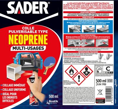Colle Multi-usages Sader Pulvérisable type Néoprène Aérosol 500 ml
