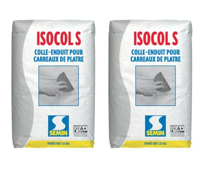 Colle pour Carreaux de Plâtre Isocol Super Semin, Intérieur, Poudre, Sac 25 kg, lot de 2