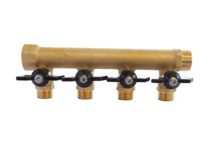 Collecteur laiton avec mini-vannes intégrées 4 départs M15/21 - Entrée F20/27 - Sortie M20/27 Somatherm for you