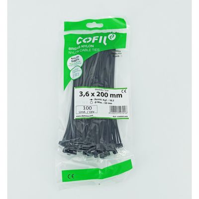 COLLIER NYLON 3.6mm x 200mm NOIR paquet de 100