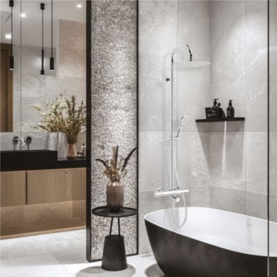 Colonne bain douche thermostatique anti-brûlure avec pomme de tête, douchette et flexible, chrome, Valentin Opium