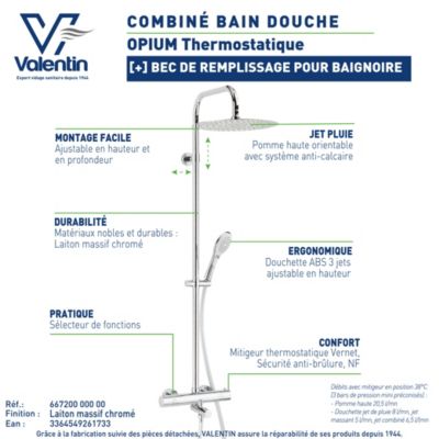 Colonne bain douche thermostatique anti-brûlure avec pomme de tête, douchette et flexible, chrome, Valentin Opium