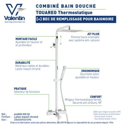 Colonne bain douche thermostatique avec pomme de tête, douchette et flexible, chrome, Valentin Touareg
