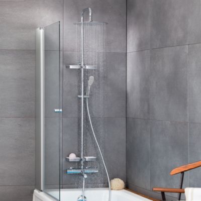 Colonne bain douche thermostatique avec tablette, pomme de tête ronde, douchette et flexible, chrome, Valentin Opium