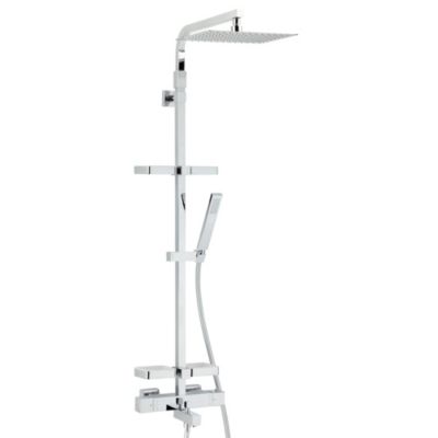 Colonne bain douche thermostatique avec tablettes, pomme de tête, douchette et flexible, chrome, Valentin Touareg