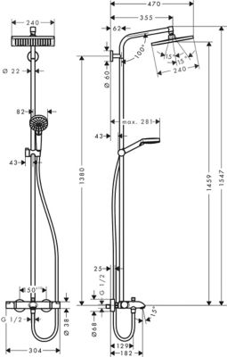 Colonne de bain/douche thermostatique avec pommeau + douchette 2 jets + flexible + barre réglable, chrome, Hansgrohe Crometta E