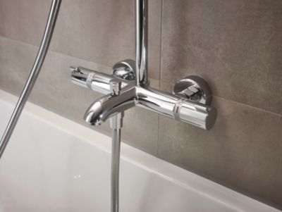 Colonne de bain/douche thermostatique avec pommeau + douchette 2 jets + flexible + barre réglable, chrome, Hansgrohe Crometta E