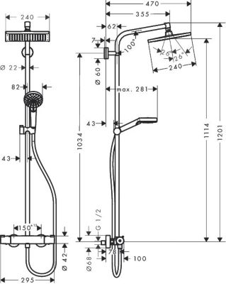 Colonne de douche avec mitigeur thermostatique + Douche de tête Crometta E 240 + Douchette 2 jets + Porte savon