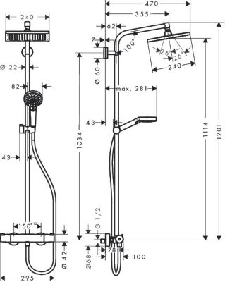 Colonne de douche avec mitigeur thermostatique + Douche de tête XXL 240 + Douchette 2 jets + Porte savon