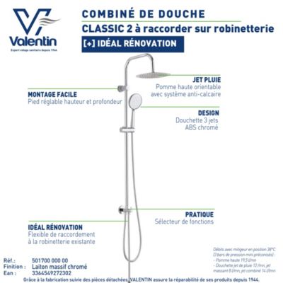 Colonne de douche classique à raccorder sur robinetterie avec pomme de tête, douchette et flexible, chrome Valentin Classic