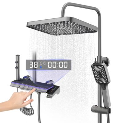 Colonne de douche en alliage de titane gris, pomme de douche rectangulaire, 4 modes de jet, affichage LED ciel étoilé, douchette à