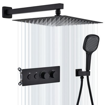 Colonne De Douche Encastrable Thermostatique Avec Tête 12 Pouces Et Douchette 3 Jets, Finition Noire
