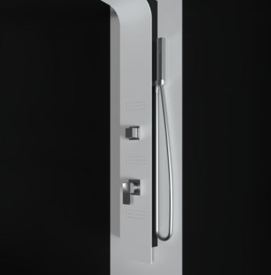 Colonne de douche hydromassage en aluminium  verni en poudre blanche mat (frontal) et noir mat (lateral)