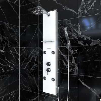 Colonne de douche hydromassante mécanique avec pommeau + douchette + flexible, blanc, Galedo Glass