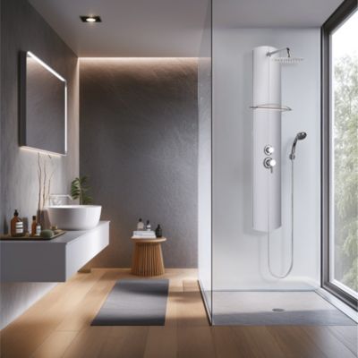 Colonne de douche mécanique avec pomme de tête, douchette et flexible, en aluminuim anodisé gris, Valentin Totmy