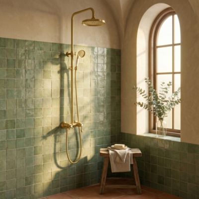 Colonne de douche mécanique avec pommeau + douchette 1 jet + flexible, doré, Essebagno Artretro