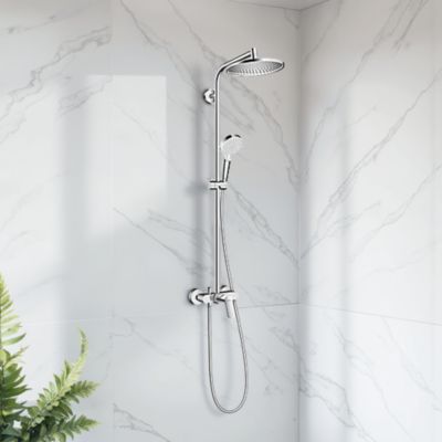 Colonne de douche mécanique chrome avec pommeau rond + douchette 1 jet + flexible, Hansgrohe Crometta S 240