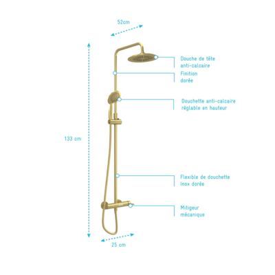 Colonne de douche mécanique doré brossé Galedo Arty, avec douche de tête et douchette 2 jets