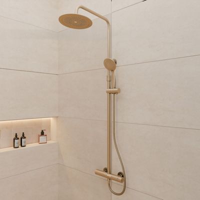Colonne de douche mécanique doré brossé Galedo Arty, avec douche de tête et douchette 2 jets