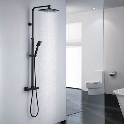Colonne de Douche Noir avec Mitigeur Thermostatique 2 Fonctions Ensemble de Douche Noir en Laiton, Haute Réglable 110-137 cm