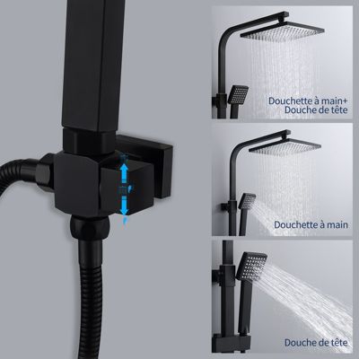 Colonne de Douche Noir Système de Douche avec Douchette Set Kit de Douche sans Mitigeur en Acier Inox Réglable en Hauteur