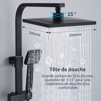 Colonne de Douche Noir Système de Douche avec Douchette Set Kit de Douche sans Mitigeur en Acier Inox Réglable en Hauteur