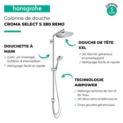 Colonne de douche ou bain douche sans mitigeur HANSGROHE Croma Select S 280 chromé + tablette AddStoris